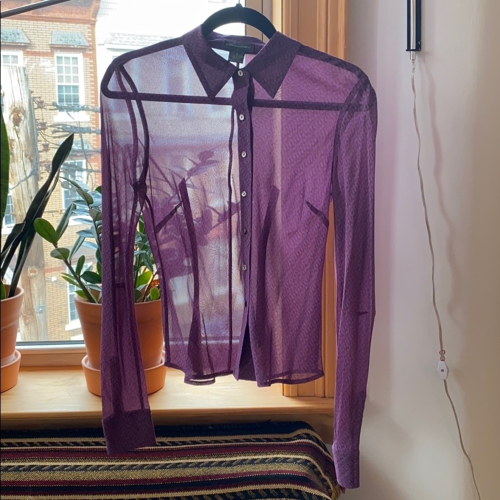 Sheet violet silk blouse with abstract pattern